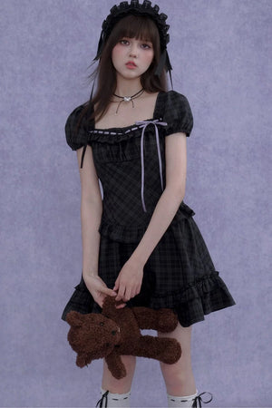 Rose Plaid Lolita Square Neck Dress