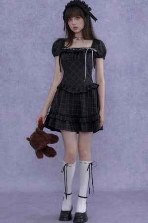 Rose Plaid Lolita Square Neck Dress