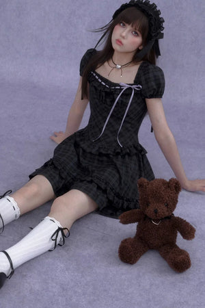 Rose Plaid Lolita Square Neck Dress