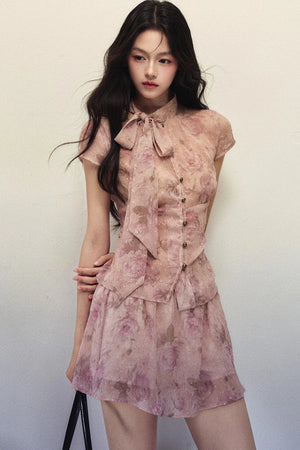 Rose Print Chiffon Top and A-Line Skirt Set