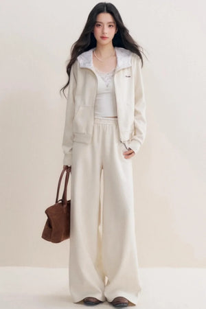 Rose Print Patchwork Hooded Jacket Set-Up