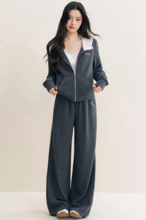 Rose Print Patchwork Hooded Jacket Set-Up