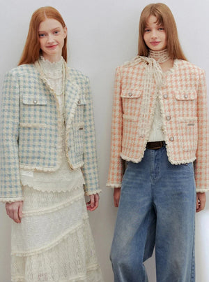 Round neck lace shoulder pads jacket