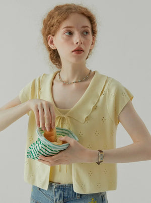 Ruffle Collar Short Sleeve Top Set