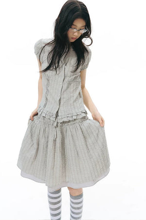 Ruffle Drawstring Blouse & Skirt Set-Up