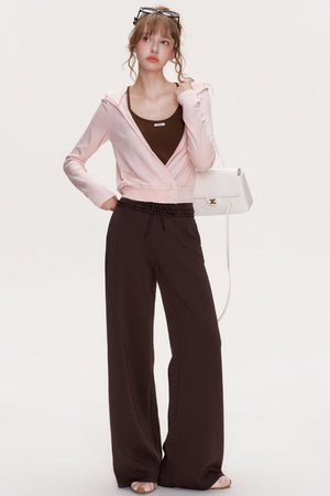Ruffle Elastic Waist Drawstring Straight Pants