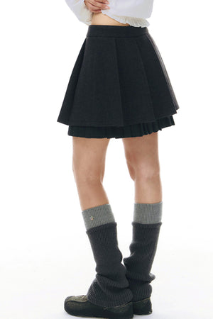 Ruffle Patchwork Woolen Pleated Skirt
