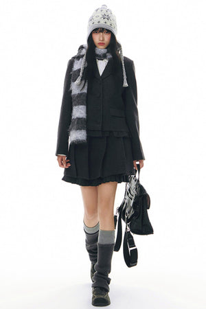Ruffle Patchwork Woolen Pleated Skirt
