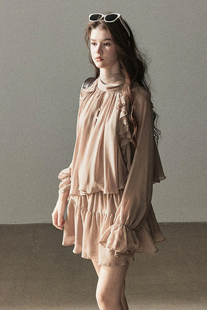Ruffle Puffy Chiffon Dress and Leggings Set