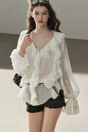 Ruffle Sheer Chiffon Cover-Up Blouse Set