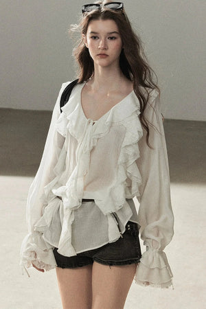 Ruffle Sheer Chiffon Cover-Up Blouse Set