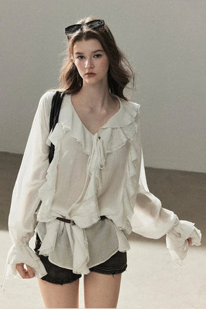 Ruffle Sheer Chiffon Cover-Up Blouse Set