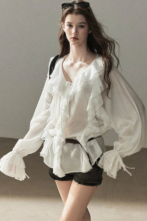 Ruffle Sheer Chiffon Cover-Up Blouse Set