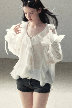 Ruffle Sheer Chiffon Cover-Up Blouse Set