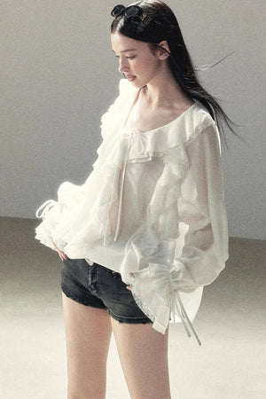 Ruffle Sheer Chiffon Cover-Up Blouse Set