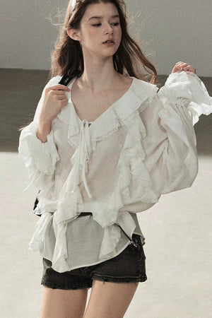 Ruffle Sheer Chiffon Cover-Up Blouse Set