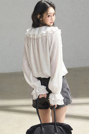 Ruffle Sheer Chiffon Cover-Up Blouse Set