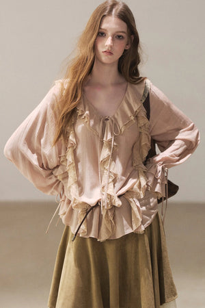 Ruffle Sheer Chiffon Cover-Up Blouse Set