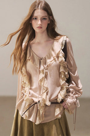 Ruffle Sheer Chiffon Cover-Up Blouse Set