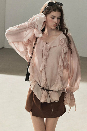 Ruffle Sheer Chiffon Cover-Up Blouse Set