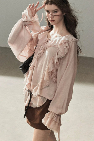 Ruffle Sheer Chiffon Cover-Up Blouse Set