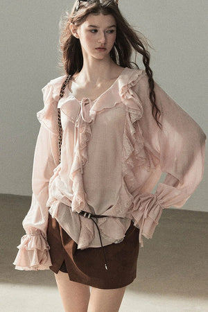 Ruffle Sheer Chiffon Cover-Up Blouse Set