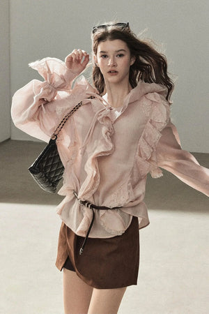 Ruffle Sheer Chiffon Cover-Up Blouse Set