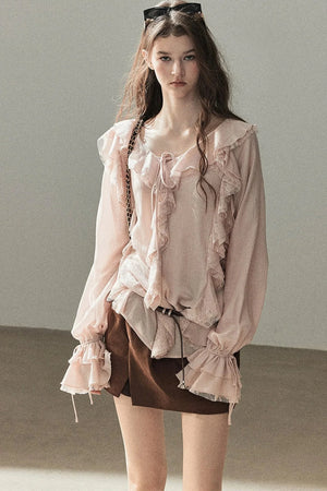 Ruffle Sheer Chiffon Cover-Up Blouse Set