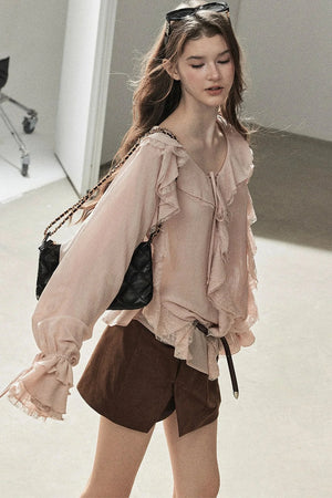Ruffle Sheer Chiffon Cover-Up Blouse Set