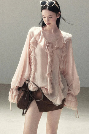 Ruffle Sheer Chiffon Cover-Up Blouse Set