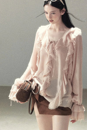 Ruffle Sheer Chiffon Cover-Up Blouse Set