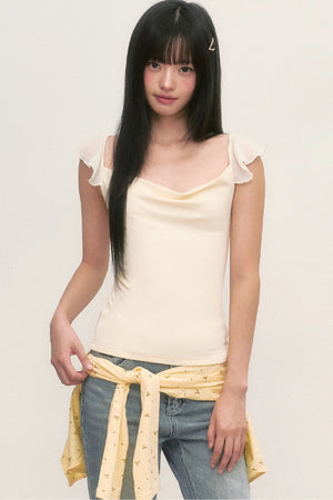 Ruffle Sleeve Drape Neck Top
