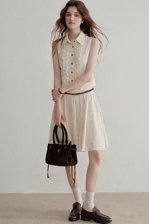 Ruffle Sleeveless Shirt Vest and Skirt Set-Up