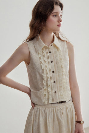 Ruffle Sleeveless Shirt Vest and Skirt Set-Up