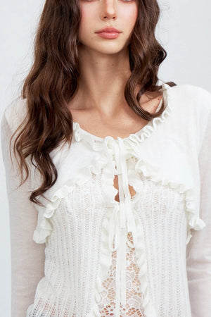 Ruffle Tie Hollow Out Knit Cardigan