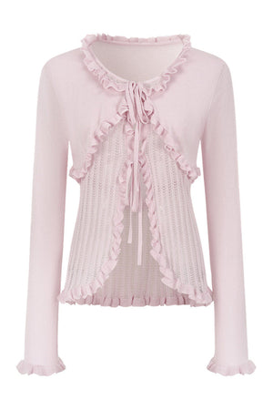Ruffle Tie Hollow Out Knit Cardigan