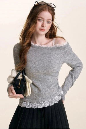 Ruffled Asymmetric Lace Knit Top