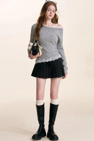 Ruffled Asymmetric Lace Knit Top