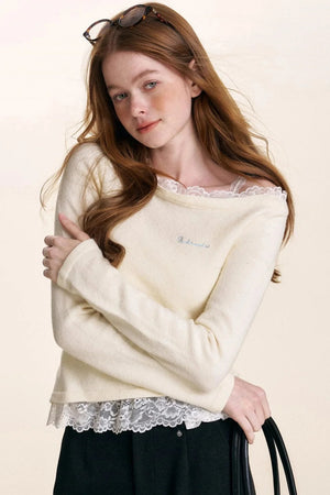 Ruffled Asymmetric Lace Knit Top
