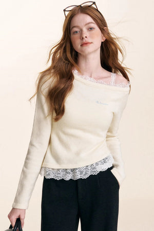 Ruffled Asymmetric Lace Knit Top