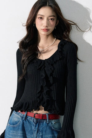 Ruffled Bell-Sleeve Knit Top