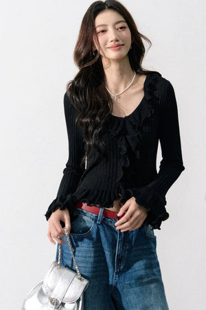 Ruffled Bell-Sleeve Knit Top