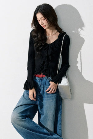 Ruffled Bell-Sleeve Knit Top