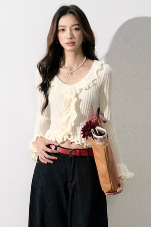 Ruffled Bell-Sleeve Knit Top