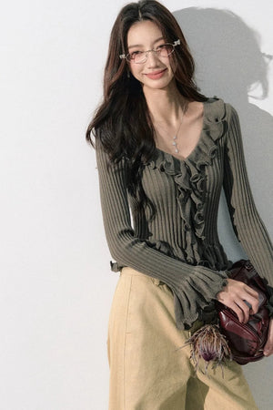 Ruffled Bell-Sleeve Knit Top