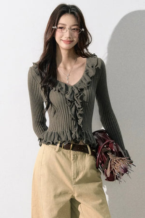 Ruffled Bell-Sleeve Knit Top