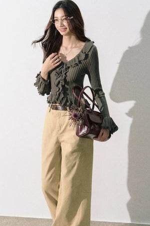 Ruffled Bell-Sleeve Knit Top