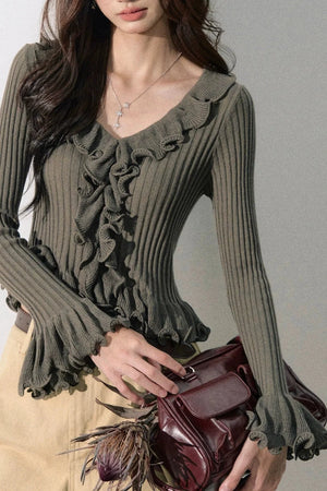 Ruffled Bell-Sleeve Knit Top