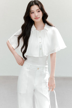 Ruffled Cape Collar Short-Sleeve Shirt