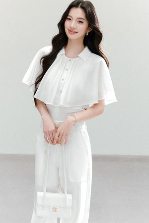Ruffled Cape Collar Short-Sleeve Shirt